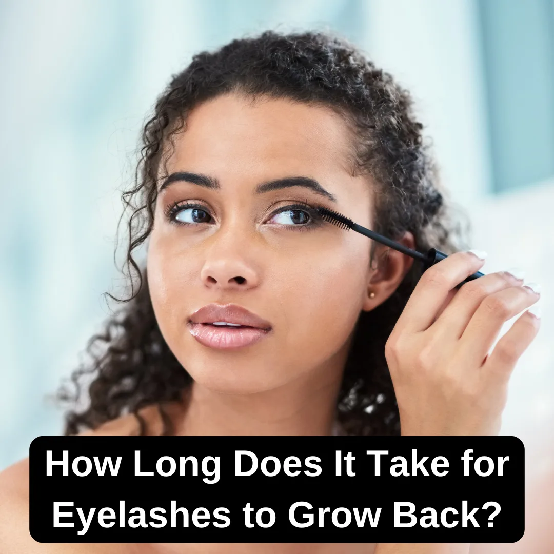 Close-up of a woman touching her eyelashes, wondering how long it takes for eyelashes to grow back.